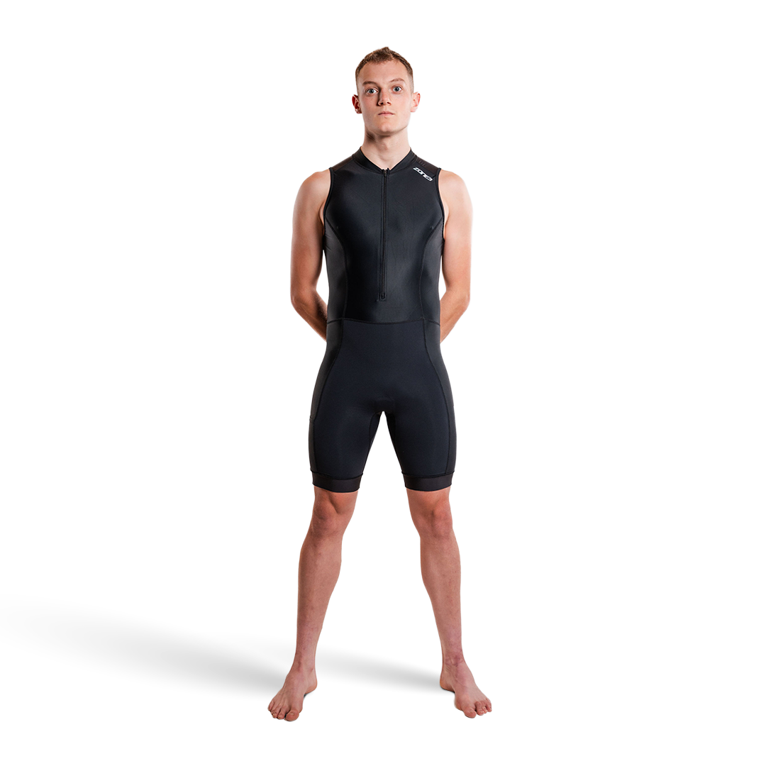 Person wearing a black activate+ sleeveless trisuit on a white background