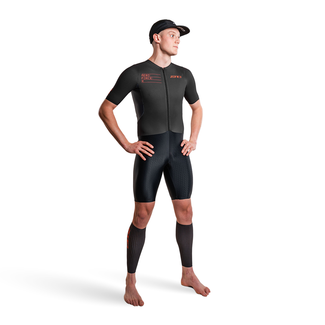 Man wearing zone3 Aeroforce-X trisuit on a white background