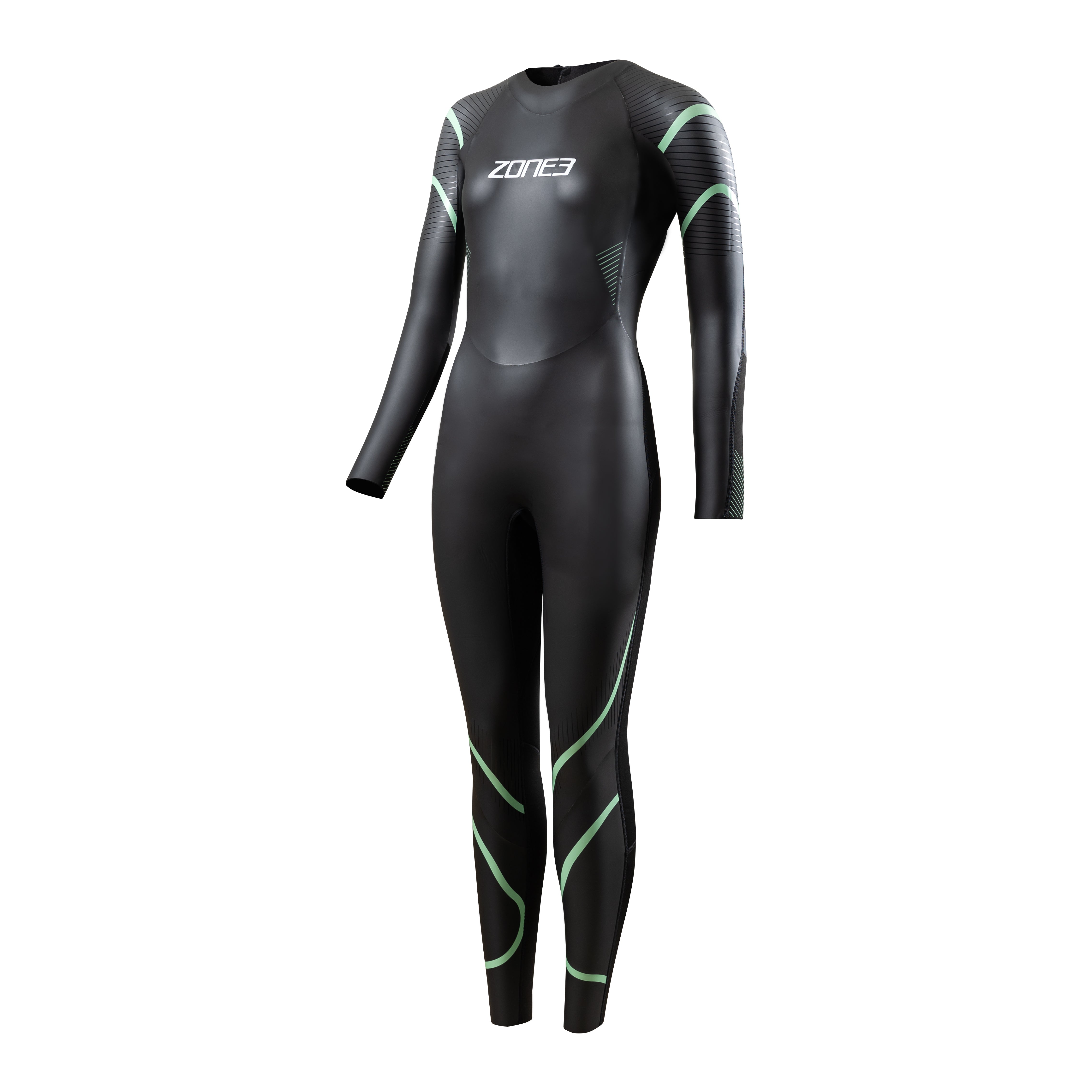 Zone3 women's full-length triathlon wetsuit in black with subtle green detailing, featuring a performance-fit design for enhanced buoyancy, flexibility, and hydrodynamics in open-water swimming.