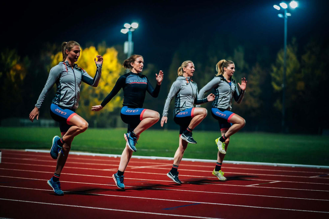 Four women runners sprint on a track at night under bright stadium lights in matching Zone3 gear