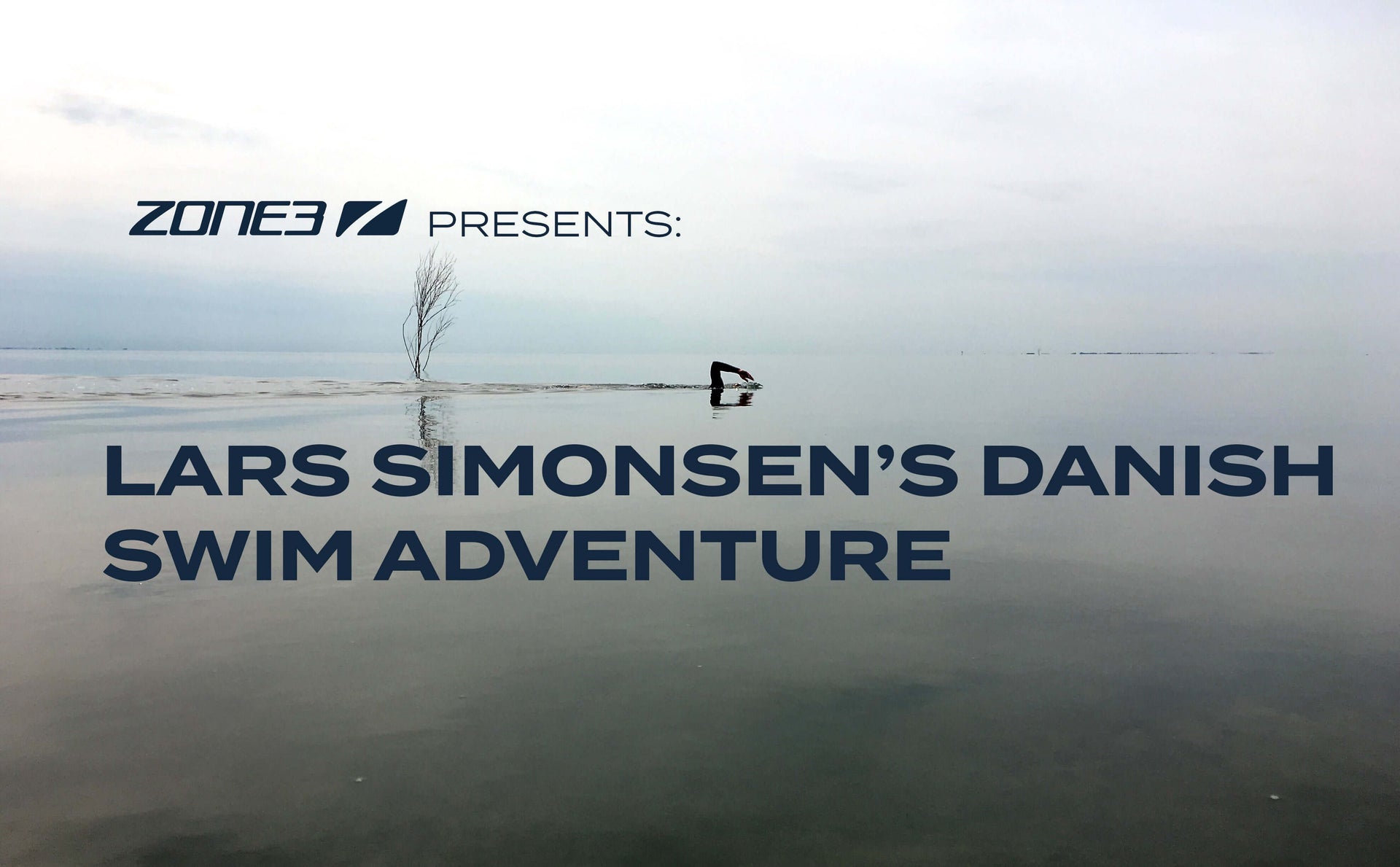 Open water banner shows Lars Simonsen swimming in calm sea with a distant horizon.