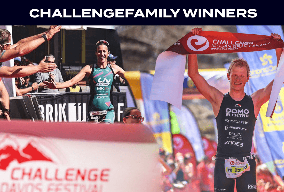 Triathlon winners celebrate at the CHALLENGE FAMILY finish line under a large banner.