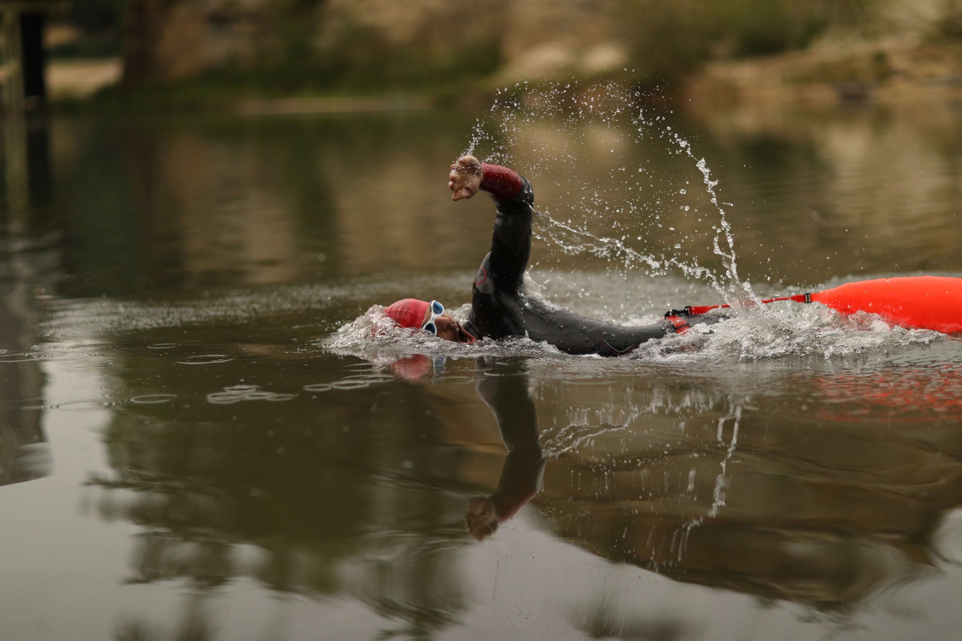 Swimmer in a black wetsuit with red sleeves powers a freestyle stroke as water sprays from the lake