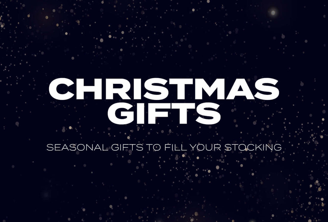 Dark navy banner with large Christmas Gifts text and scattered snowlike dots.