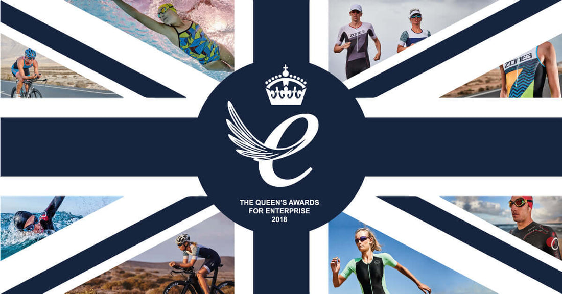 Union Jack themed banner announcing The Queens Awards for Enterprise 2018 with a central emblem and surrounding athletes