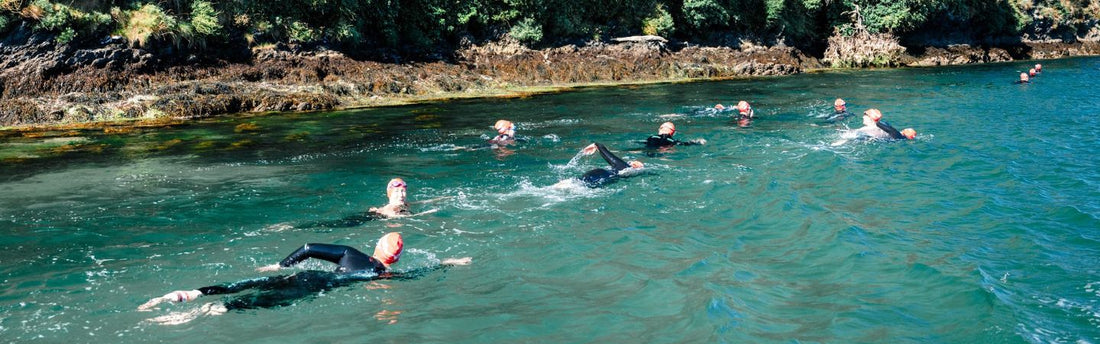 a group of people are swimming in along the bantham swoosh route