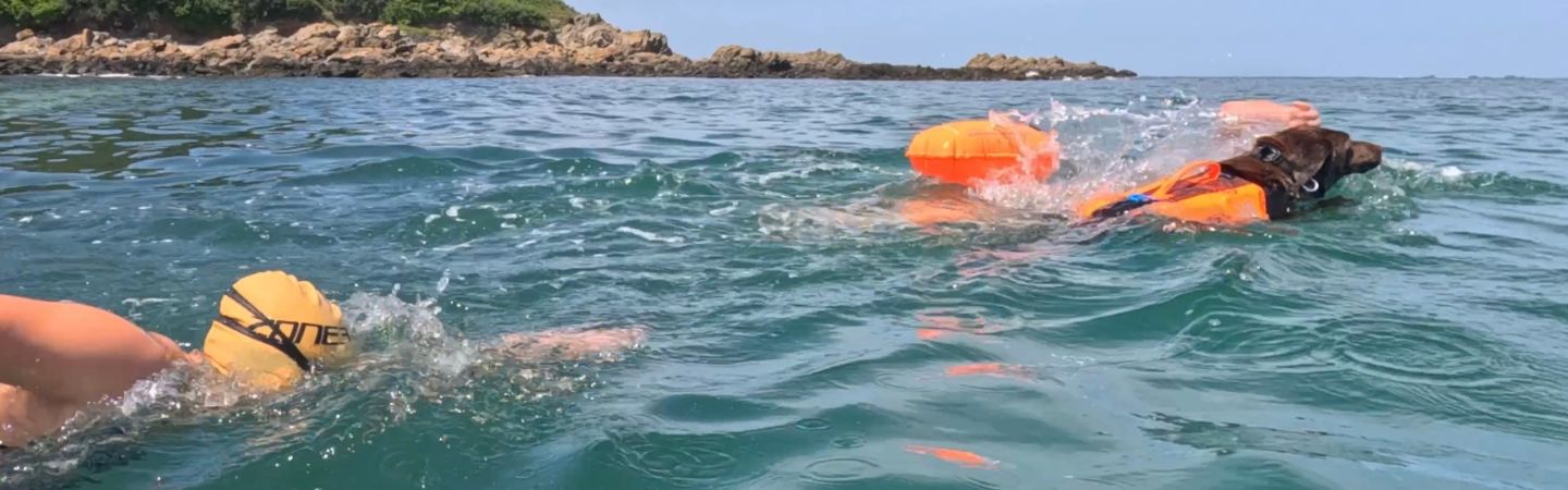 Indi is swimming with her dog Pepper