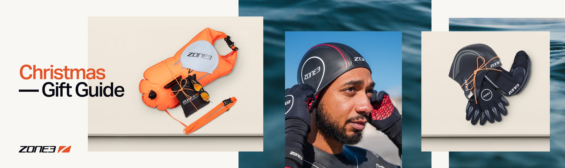zone3 christmas gift guide showing a swim buoy, neoprene accessories, 