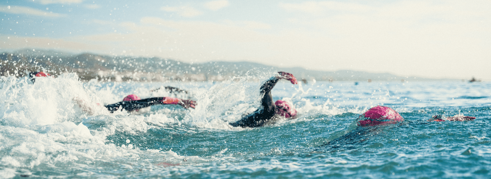 3 swimmers in the sea, doing front crawl, wearing Zone3 wetsuits on race morning