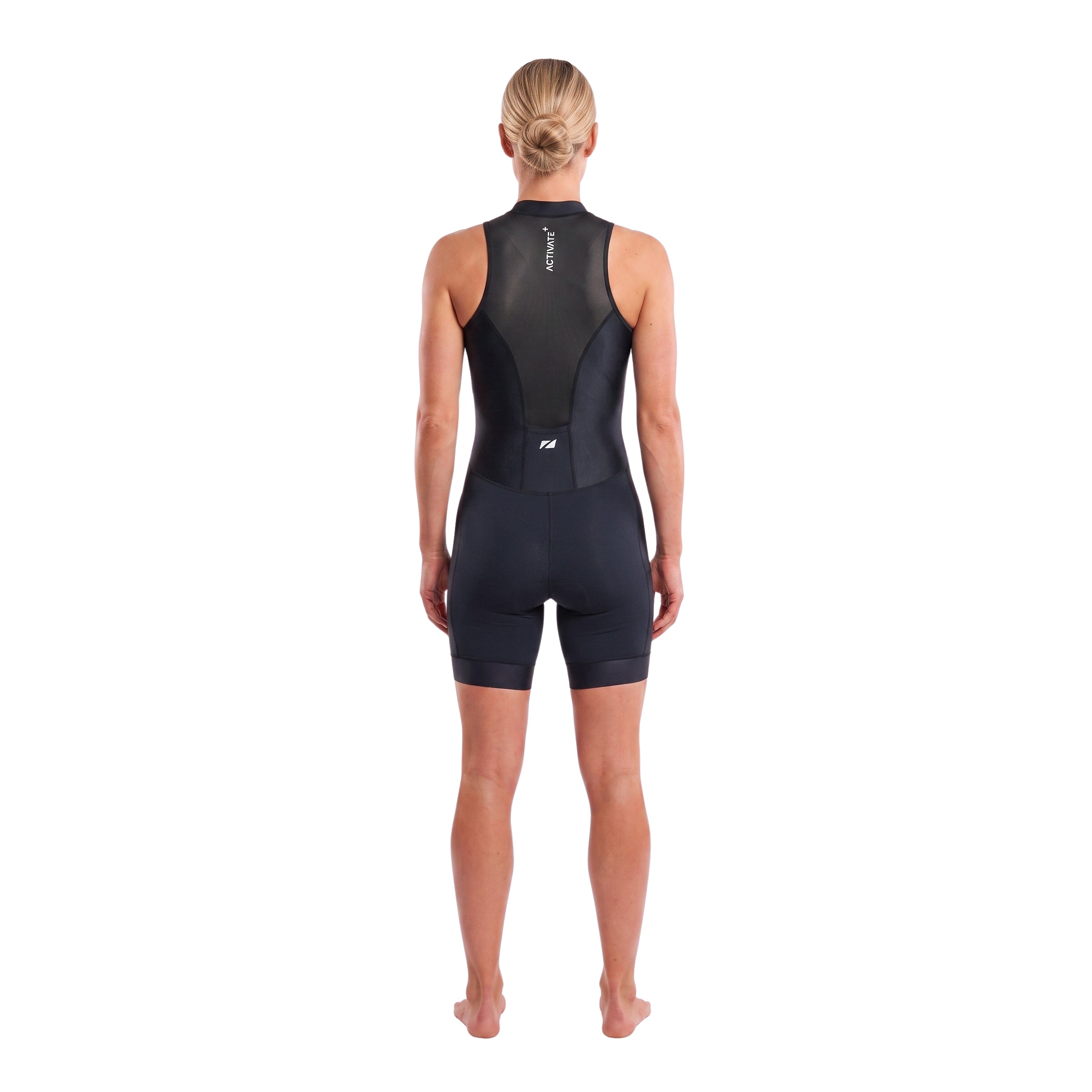 athlete wearing the Women's Activate Sleeveless Trisuit in black, back facing on a white studio setting. 