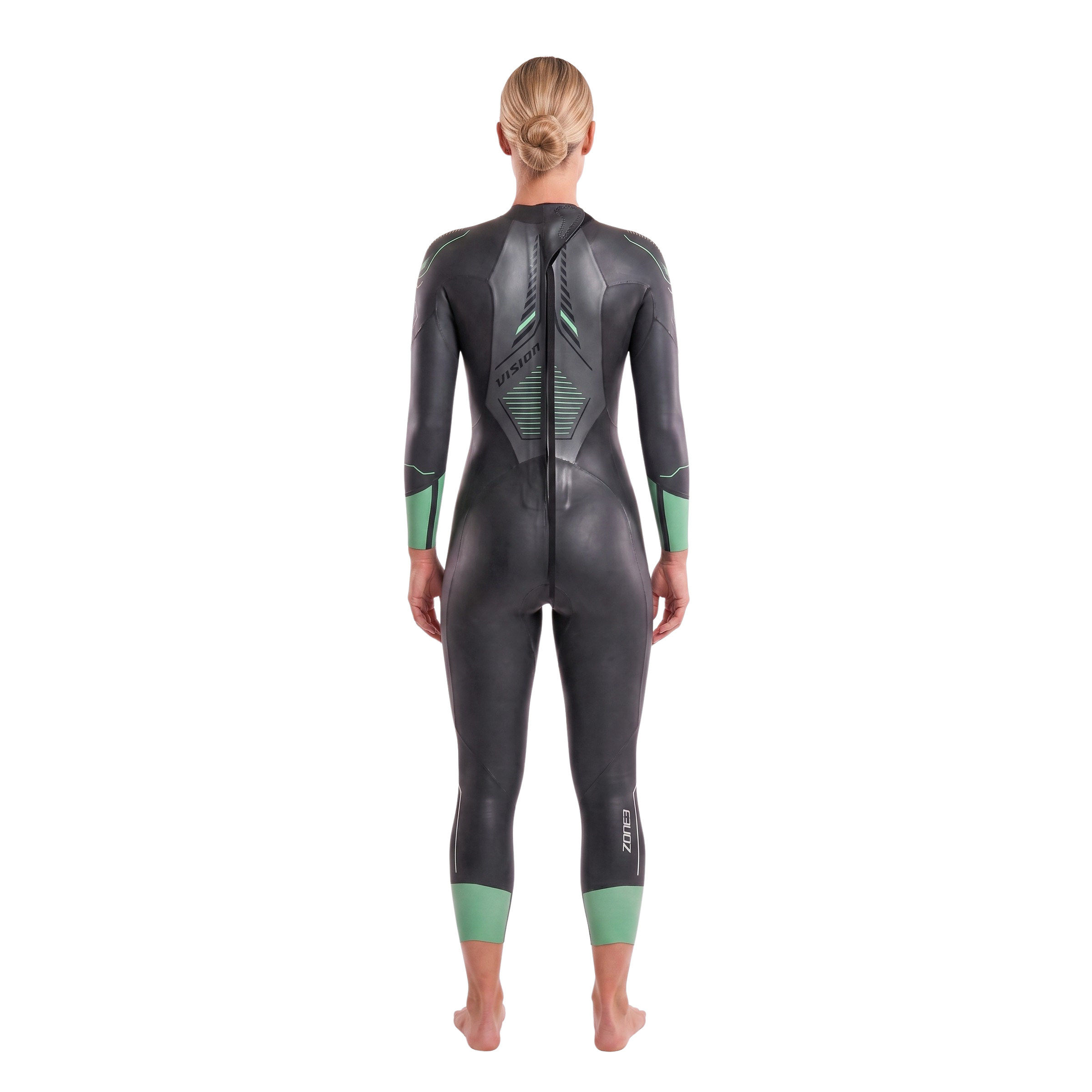 Back view of a woman in a black Vision wetsuit with teal cuffs. white studio setting. 