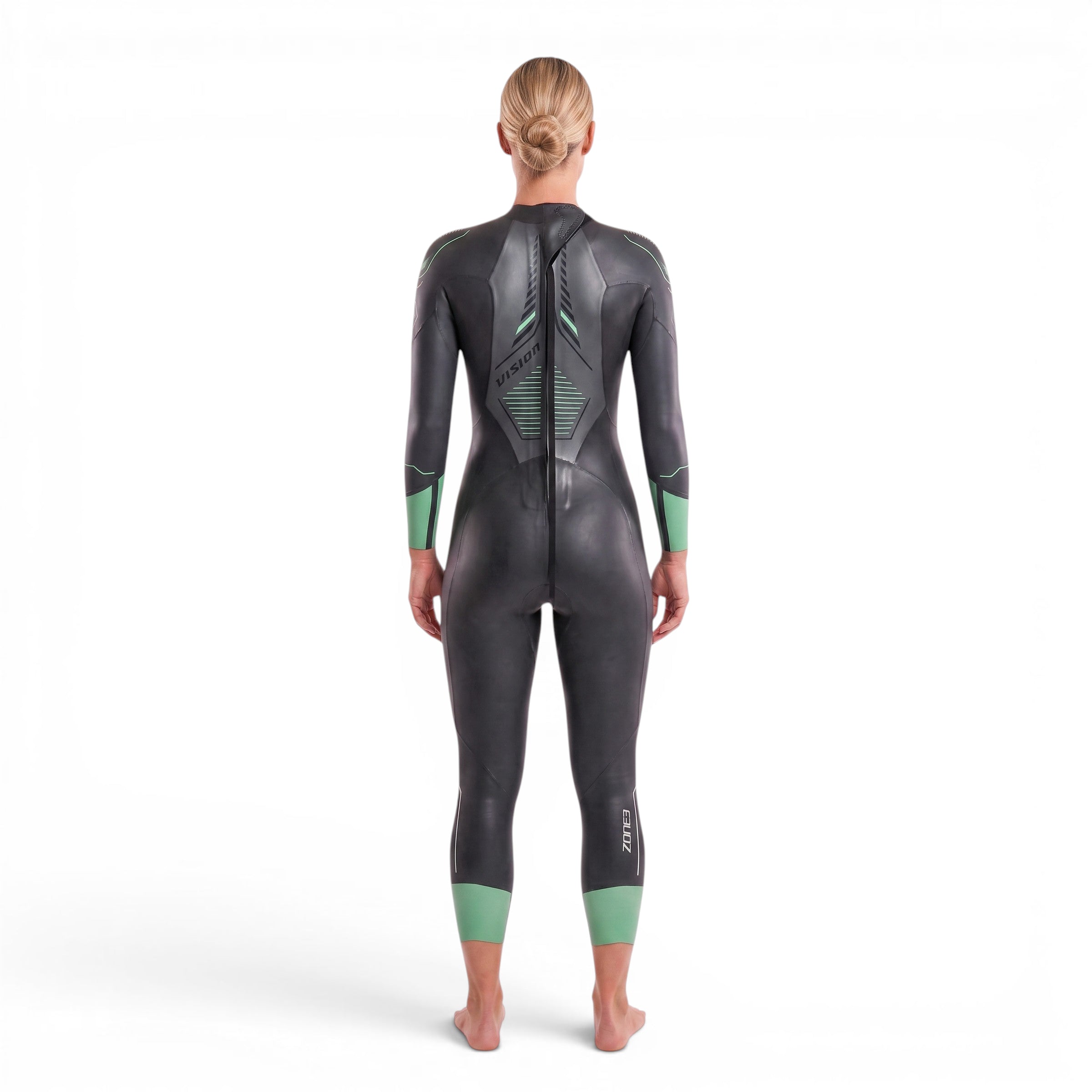 A woman wearing the Zone3 Vision wetsuit on a white background.