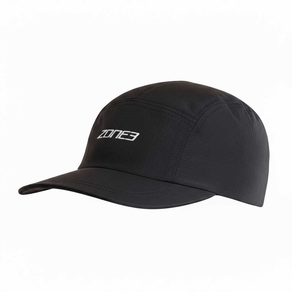 5-Panel Running Cap in black with stylish design for enhanced comfort during outdoor activities.