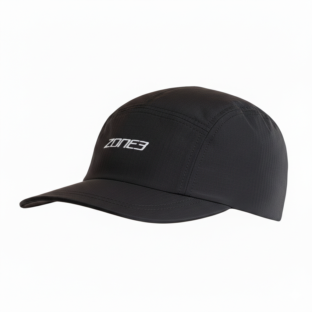 5-Panel Running Cap in black with stylish design for enhanced comfort during outdoor activities.