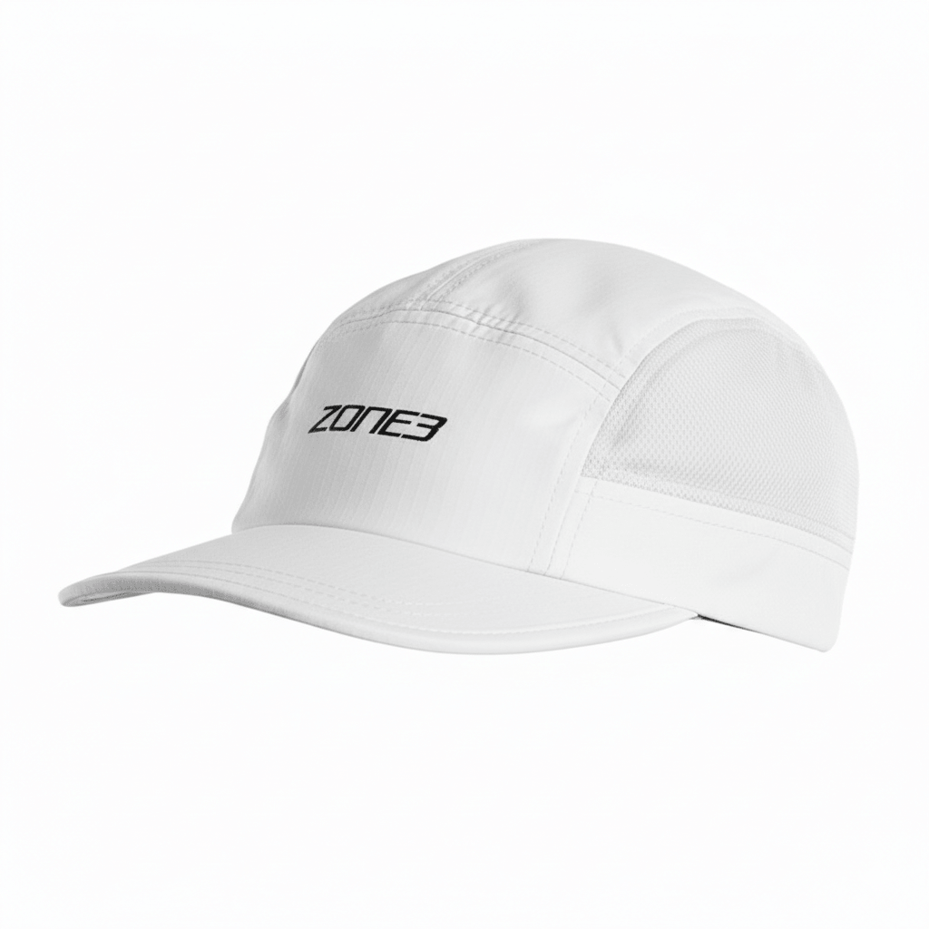 5-Panel Running Cap in white with breathable fabric for ultimate comfort during runs.
