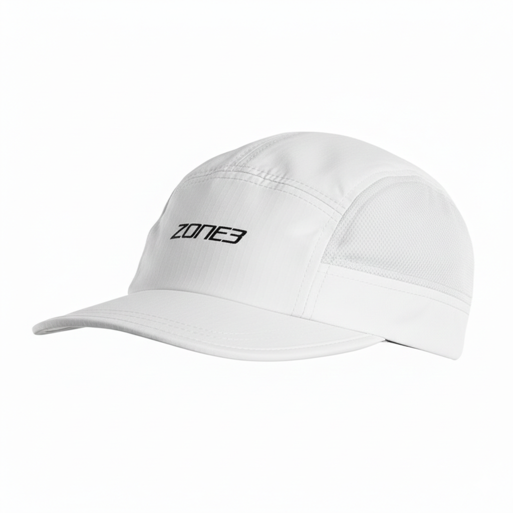 5-Panel Running Cap in white with breathable fabric for ultimate comfort during runs.