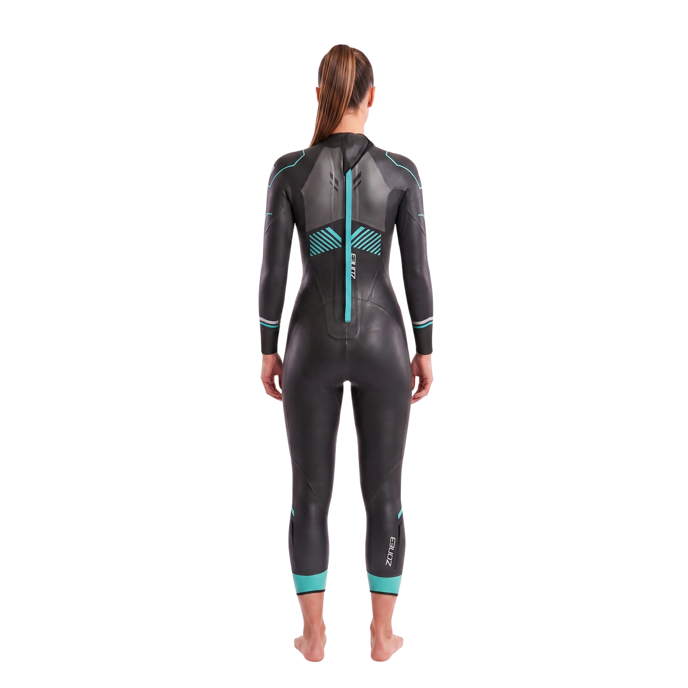 Athlete Wearing the Zone3  Advance wetsuit. back facing in a white studio setting. 