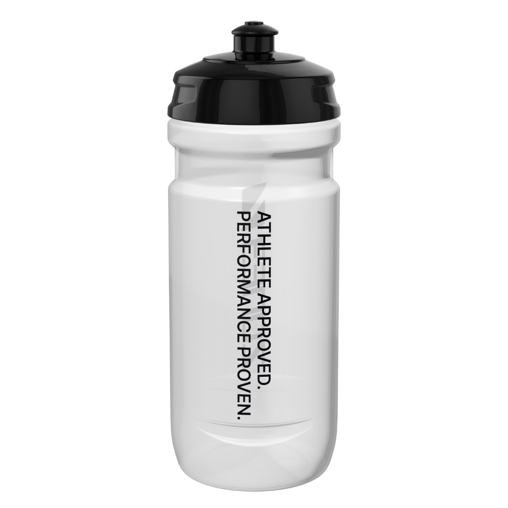 White water bottle with black cap and text on a white background