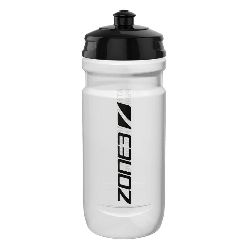 White water bottle with black cap and 'Zone' branding on a white background