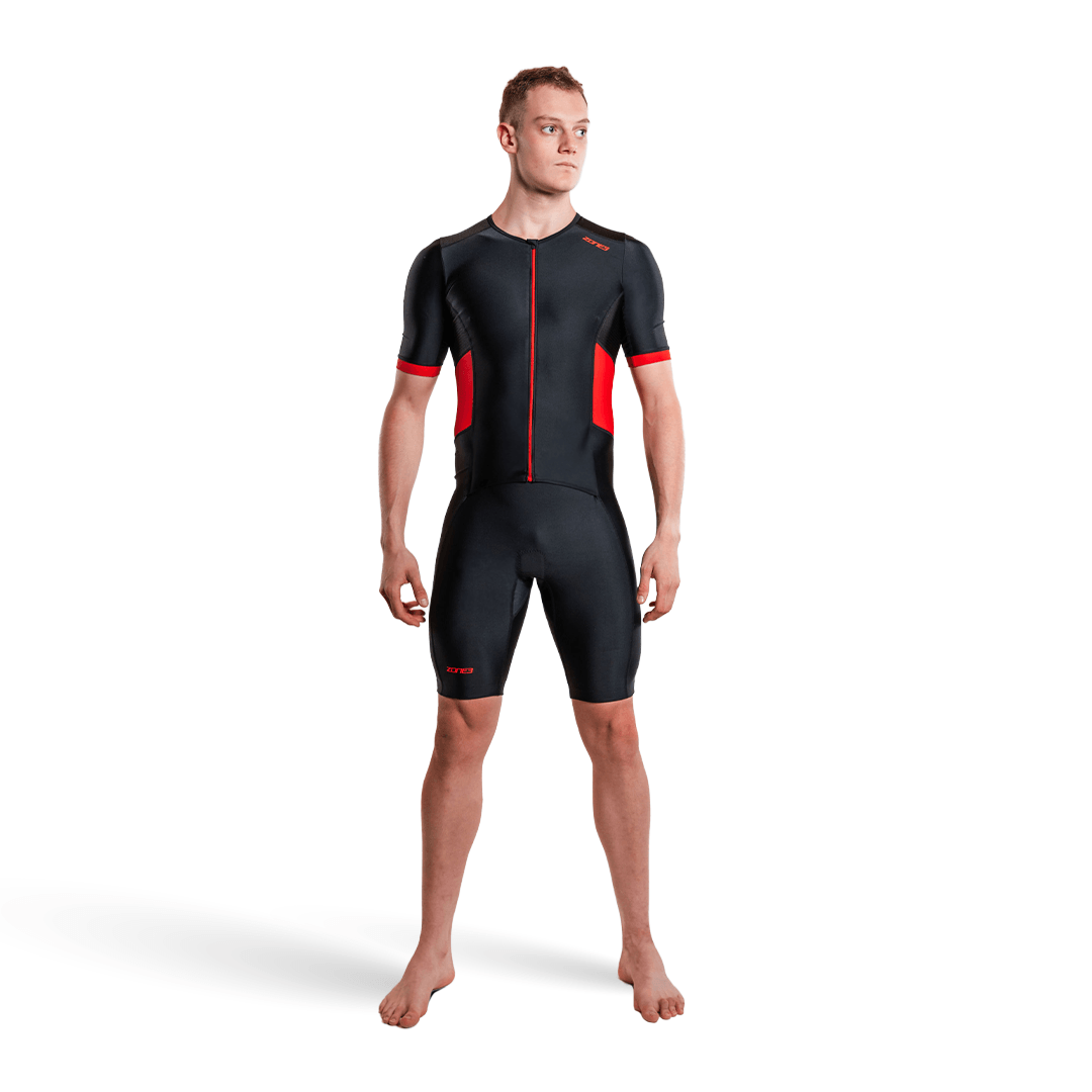 Man wearing activate short sleeve trisuit on a white background 