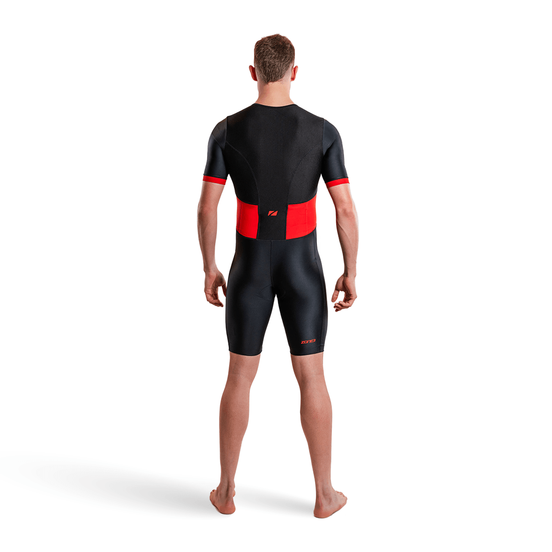 Man wearing the Zione3 activate short sleeve trisuit on a white background.