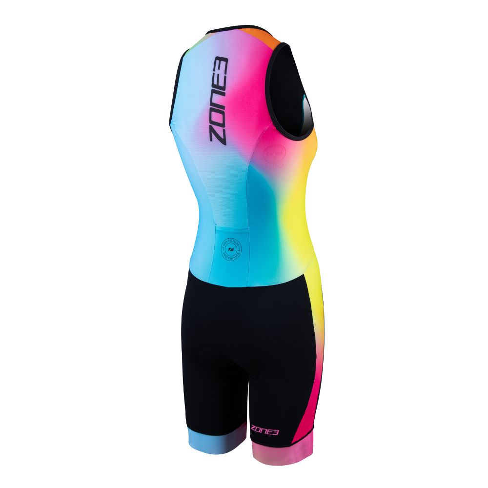 Back view of the same sleeveless triathlon trisuit with ZONE3 branding down the spine and a continuation of the pink, yellow, and blue gradient design.