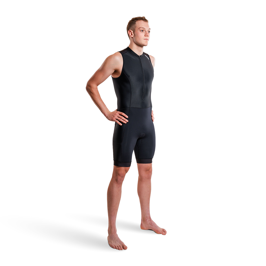 Person wearing a black activate+ sleeveless trisuit on a white background