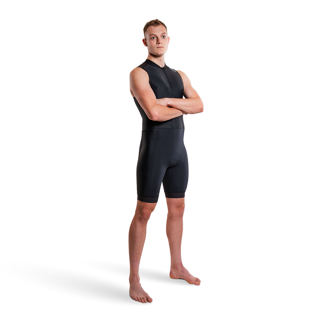Person wearing a black activate+ sleeveless trisuit on a white background