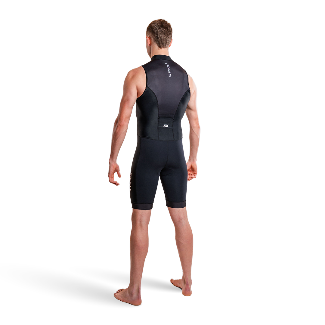 Person wearing a black activate+ sleeveless trisuit on a white background