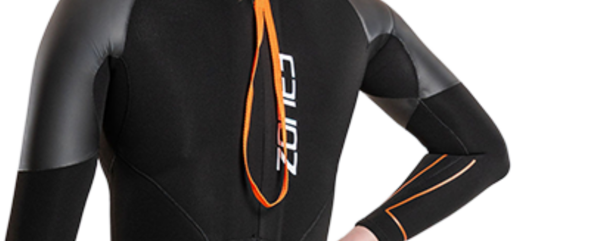Black and orange wetsuit with branding on a white background