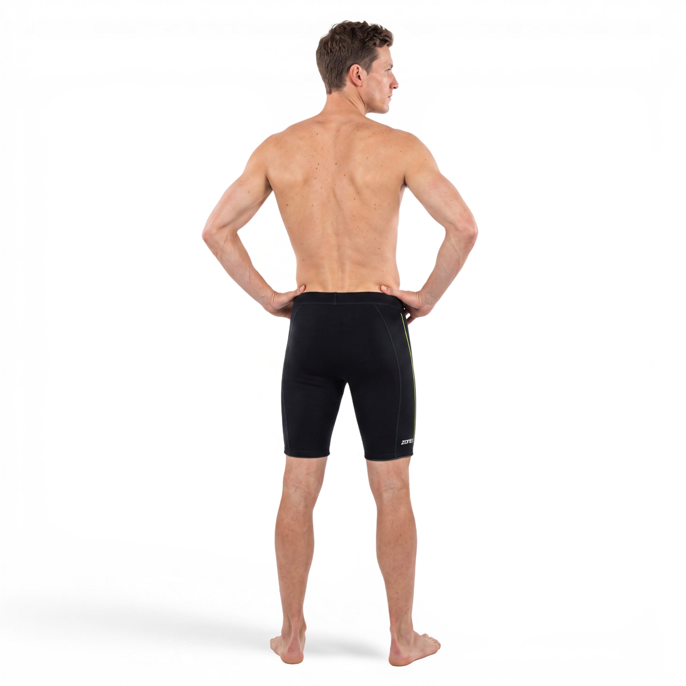 athlete wearing Zone3 Active Flex buoyancy shorts front facing on a white background. 