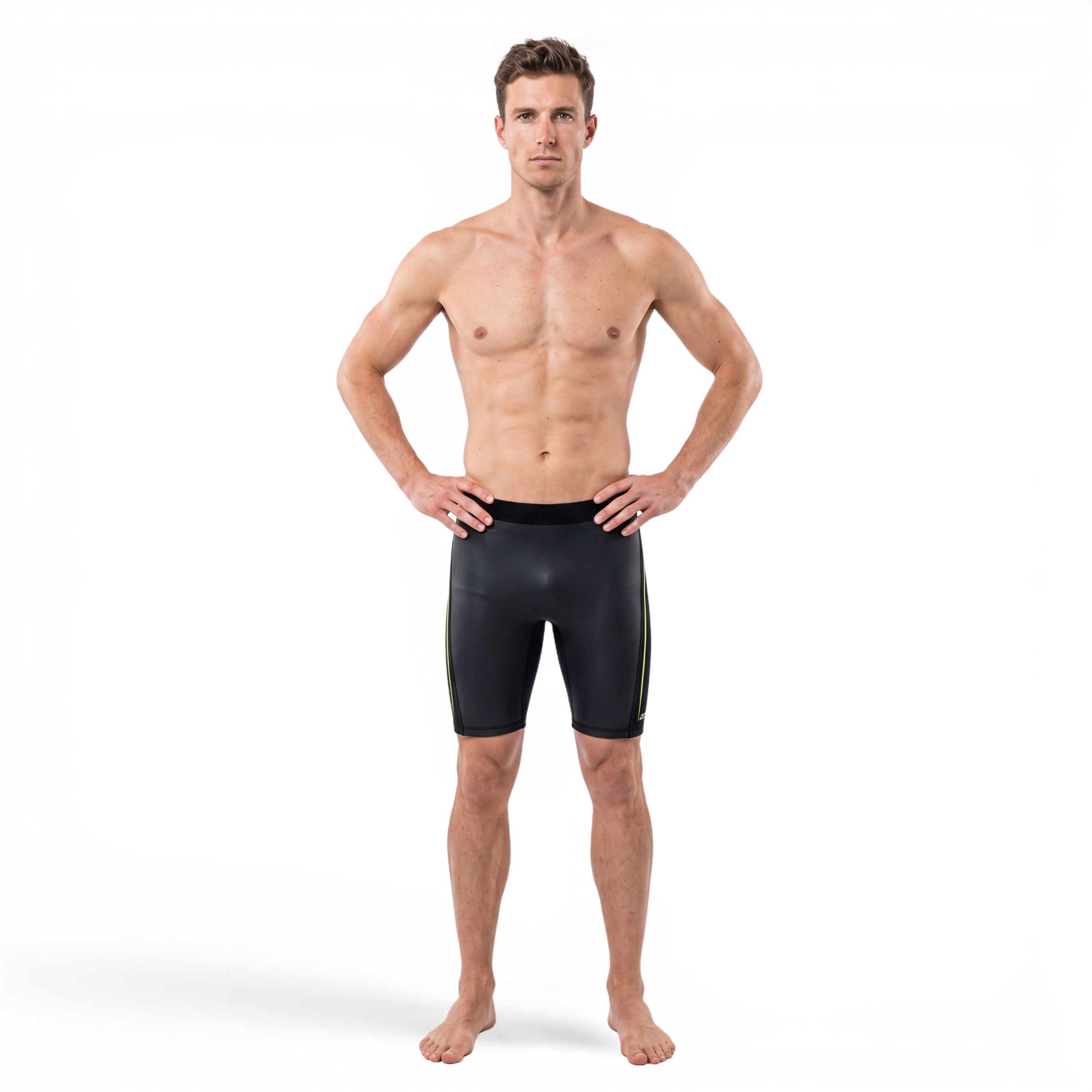 athlete wearing Zone3 Active Flex buoyancy shorts. front facing on a white background. 