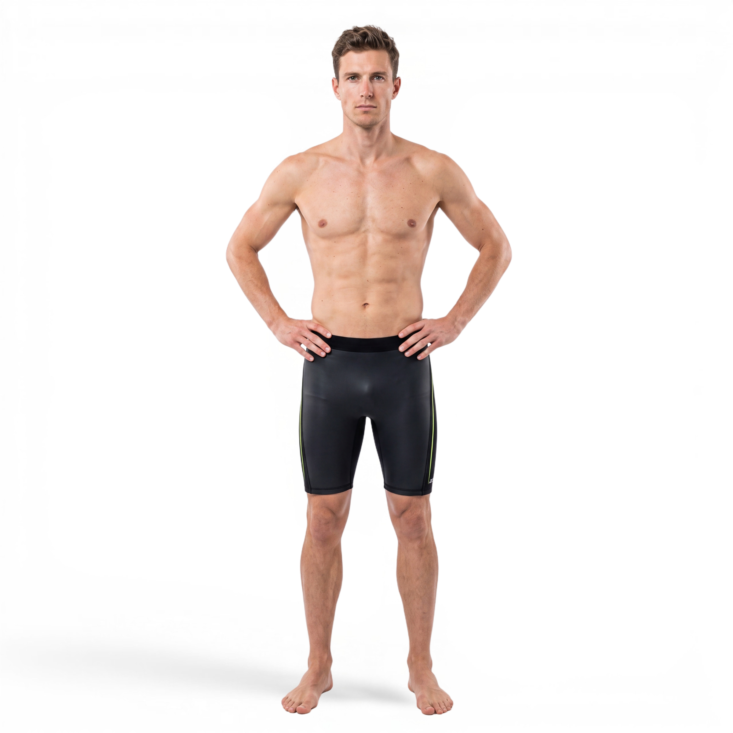 athlete wearing Zone3 Active Flex buoyancy shorts. front facing on a white background. 