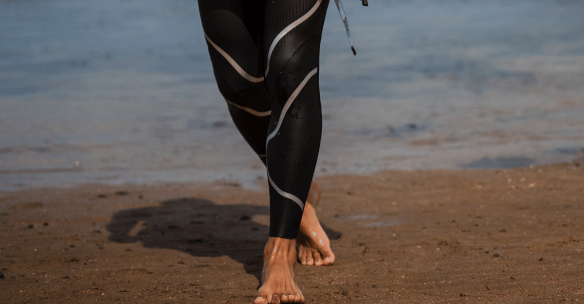 a close up of the Zone3 Ascend wetsuit  with diagonal white stripes on the legs.