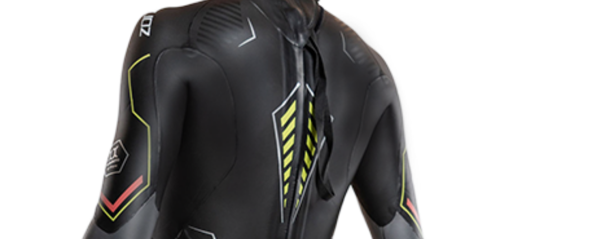 Black wetsuit with yellow accents on a white background