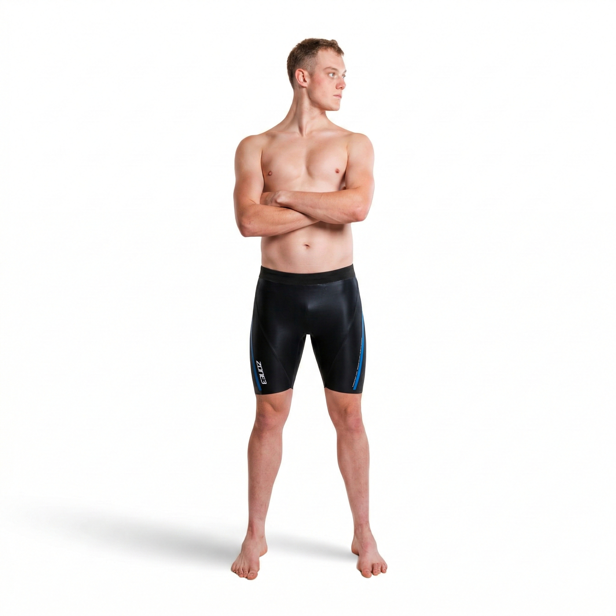 Man wearing black swim jammers on a white background