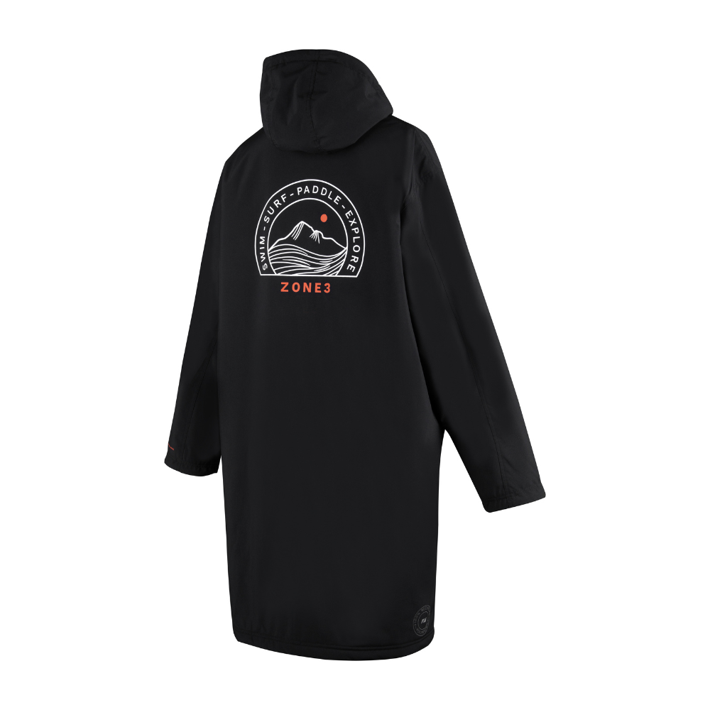 Back view of Zone3 Active-Flex changing robe with mountain and wave graphic and Zone3 branding