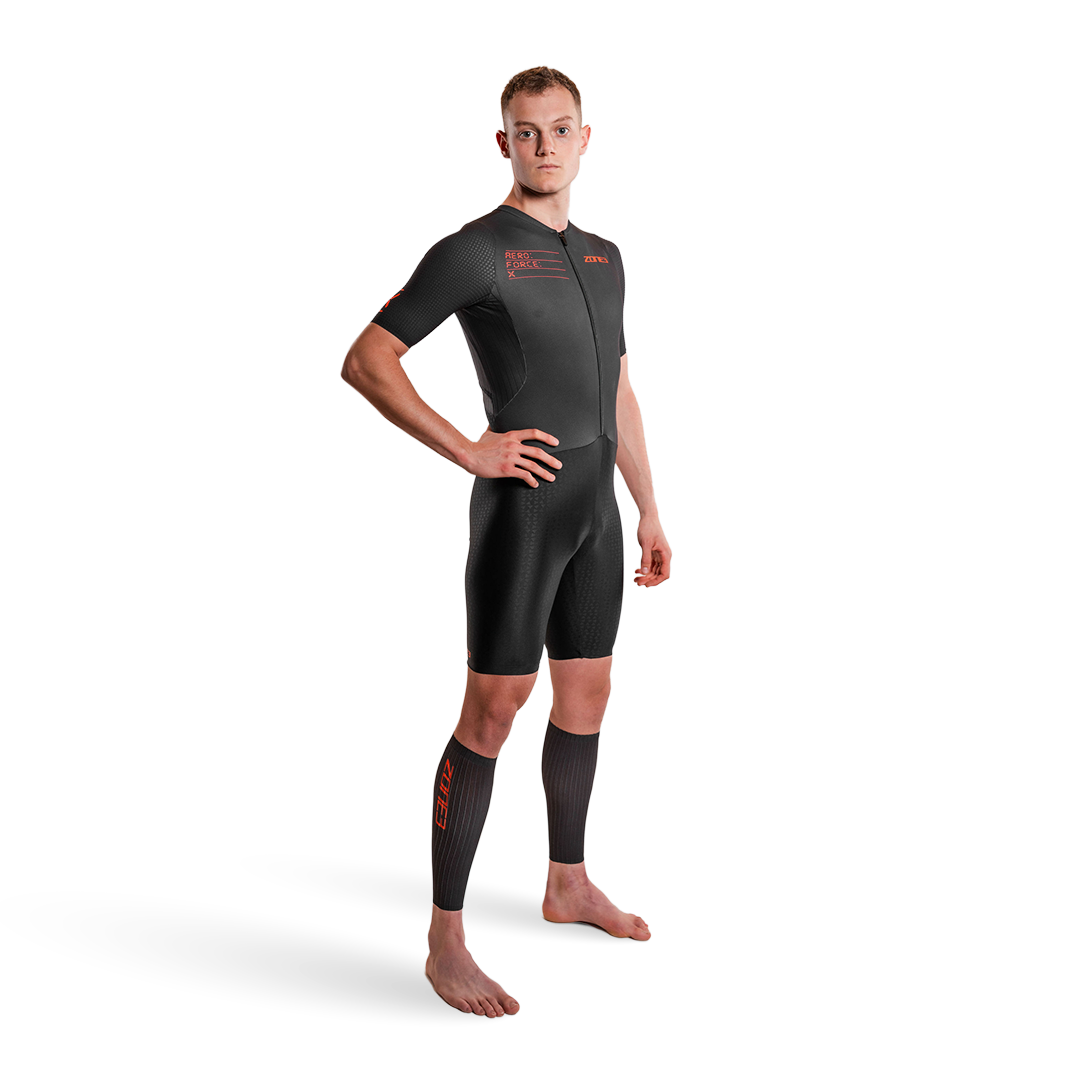 Person wearing Zone3 trsuit with  Aeroforce-X II Calf Sleeves