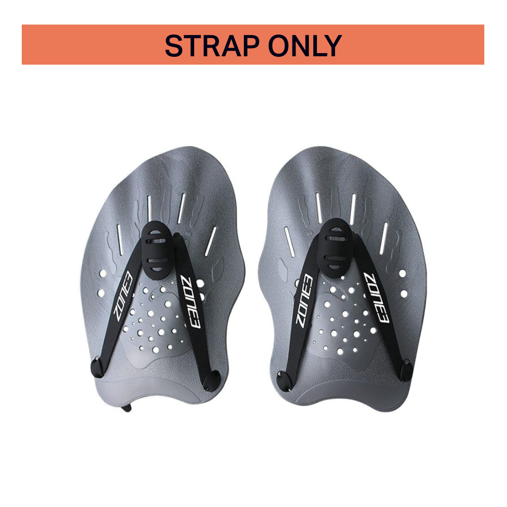 Pair of ZONE3 Black Ergo Hand Paddle straps shown on ergonomic paddles, highlighting the black replacement straps only. Designed for secure fit and optimal hand positioning during swim technique training. Available for UK addresses only.