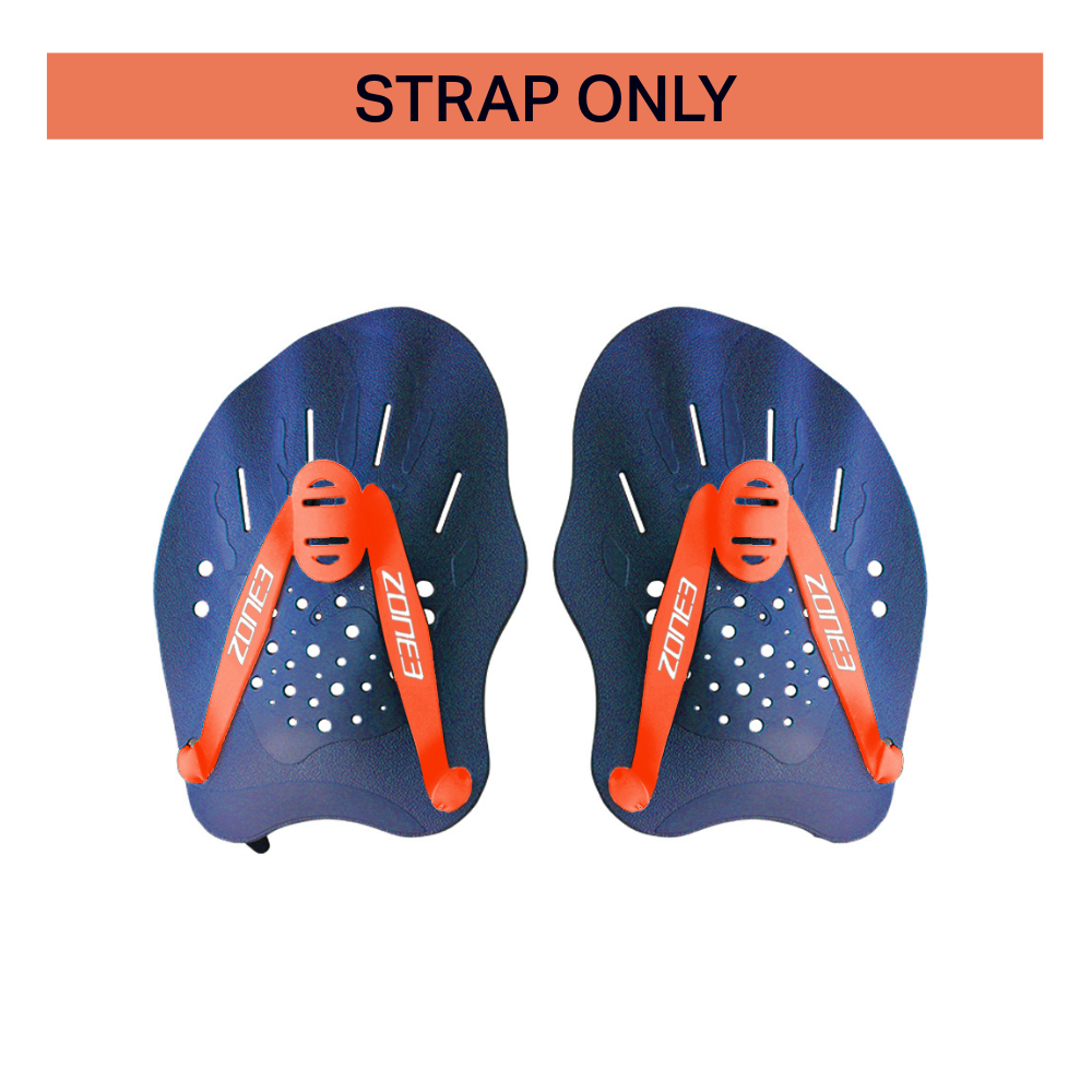 Pair of ZONE3 Orange Ergo Hand Paddle straps shown on ergonomic paddles, highlighting the orange replacement straps only. Designed for secure fit and optimal hand positioning during swim technique training. Available for UK addresses only.