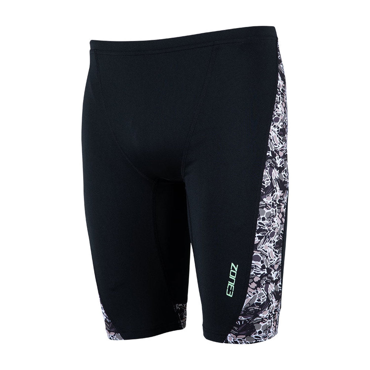 Black swim jammers with Pacific Koa print side panels in black, white, and purple. Features a green ZONE3 logo on the front leg.