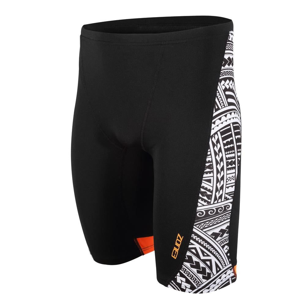 Black swim jammers with white Kona Speed print panel on the side, featuring orange accents and the ZONE3 logo near the hem.