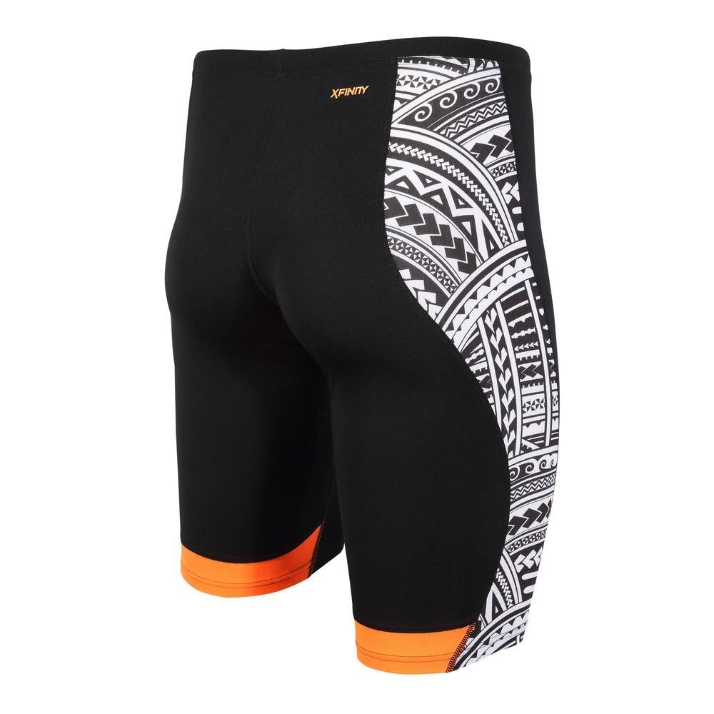 Black swim jammers with white Kona Speed print panel on the side, featuring orange accents and the ZONE3 logo near the hem.