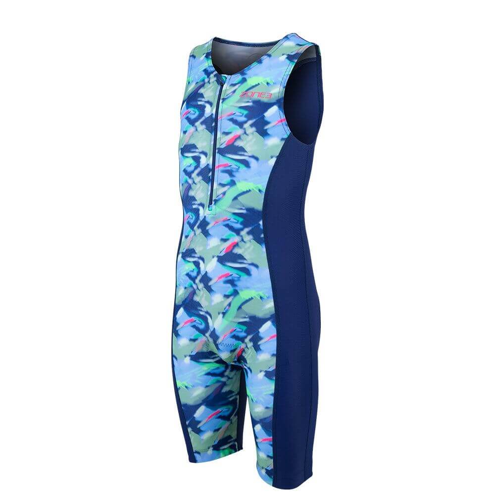 Digital Print Trisuit for kids in blue and green camo design, perfect for children's triathlon events.