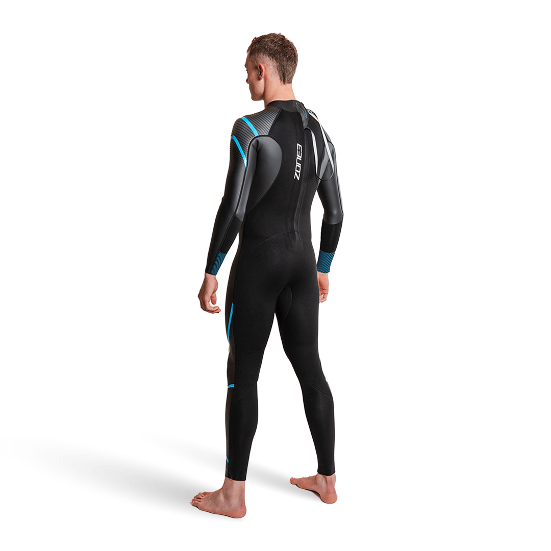 Man wearing the ZONE3 Glide wetsuit Back facing on a white background.