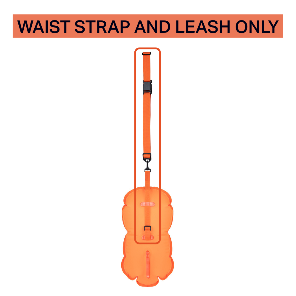 Orange ZONE3 waist strap and leash attachment for tow floats, shown fully extended in a vertical layout. Designed for secure, adjustable fit around the swimmer’s waist with durable clips and reinforced webbing for reliable open-water swim safety. Availabl