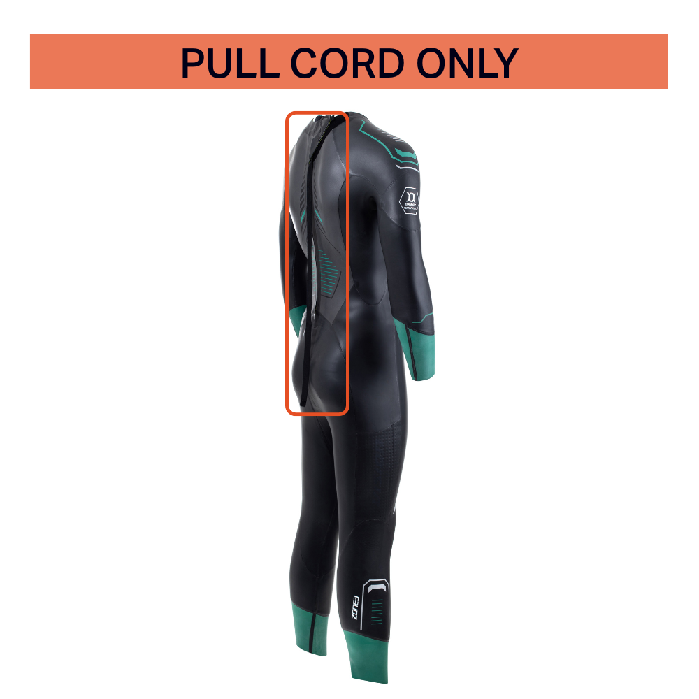 Wetsuit pull cord highlighted on wetsuit, designed for easy adjustment and accessibility, available for UK addresses only.