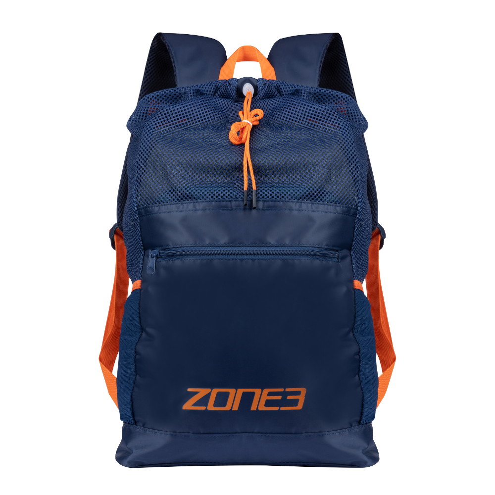 Navy blue Zone3 mesh backpack with orange drawcord, zip front pocket, and orange shoulder straps
