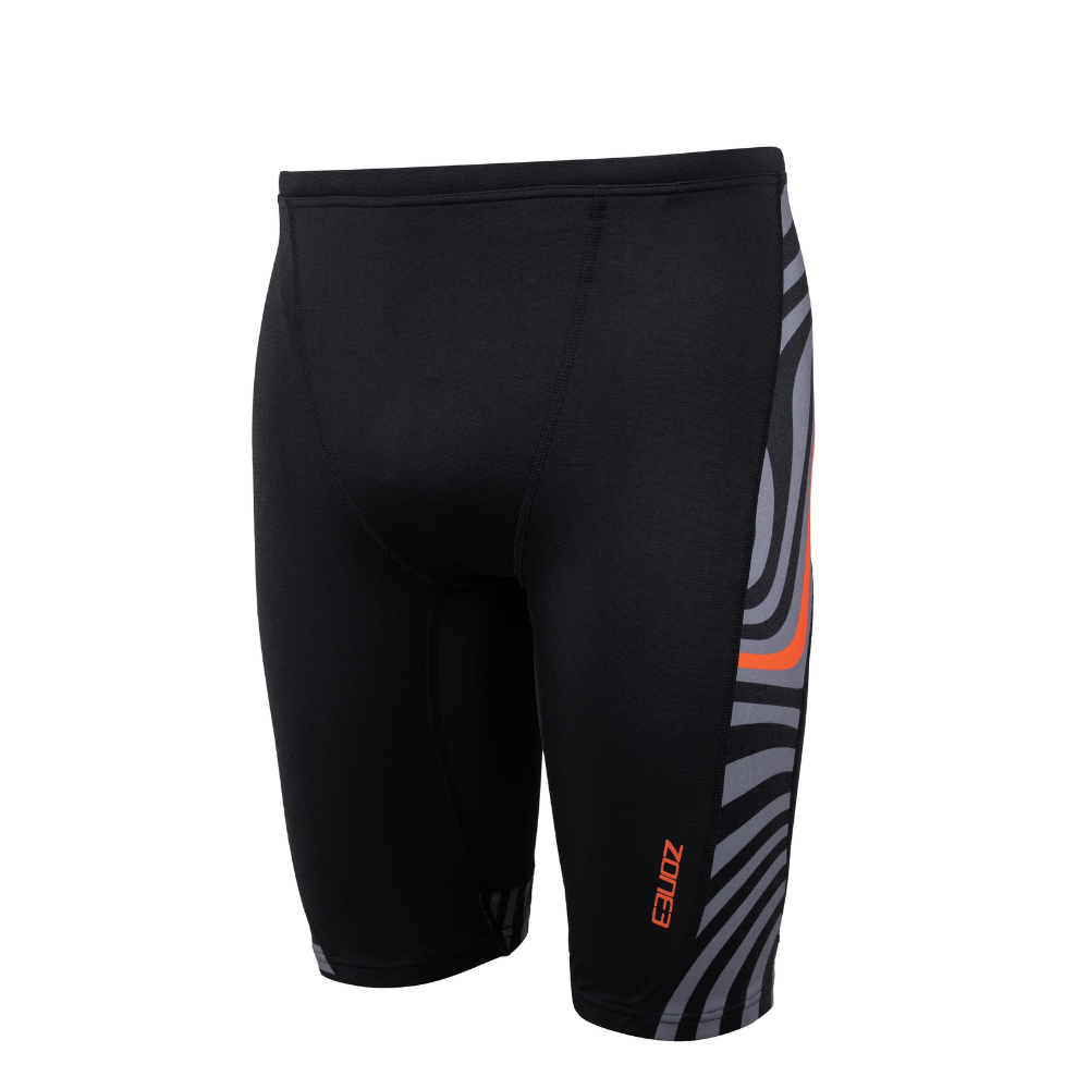 Front view of black men's jammers with wavy grey and orange side panels and Zone3 logo on left leg