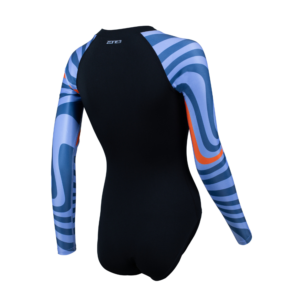 Back view of black long sleeve swimsuit with striped sleeves and small logo on upper back